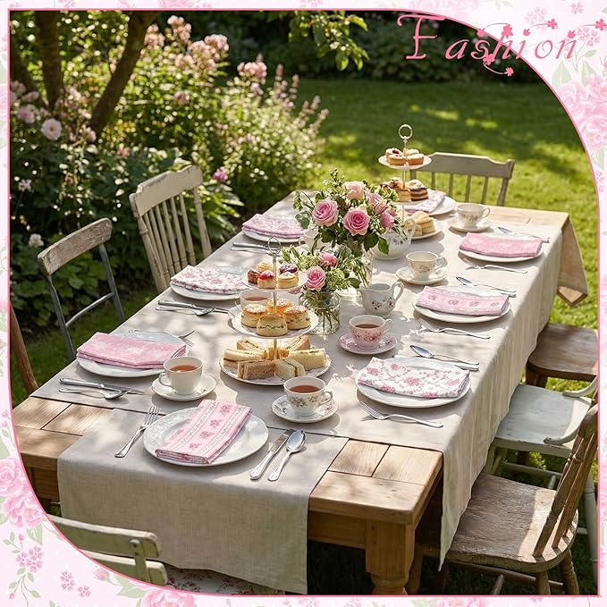 Floral Cloth Napkins 6 Patterns Washable Dinner Tea Party Napkins Reusable Plant Flowers Square Napkin Cotton Towel Decorative for Spring Wildflower Party(Pink Flowers,24 Pcs)