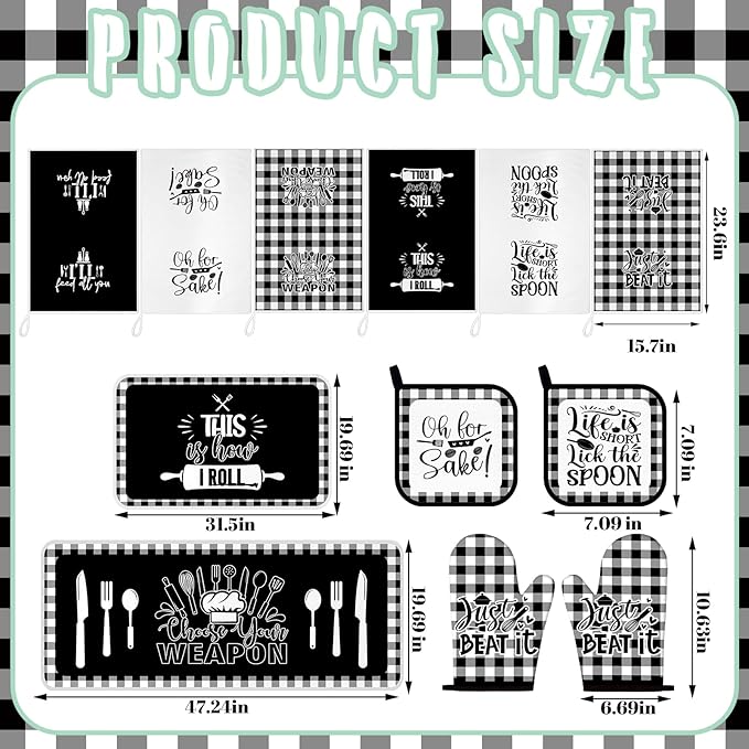 Fourluoo 12 Pcs Checkered Buffalo Kitchen Oven Mitts and Pot Holders Black and White Dish Towels Farmhouse Kitchen Decor Accessories Set for Chef Baking Cooking Grilling BBQ Women Mom Gift