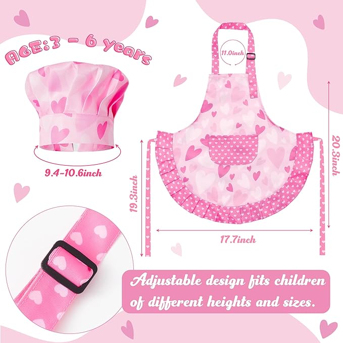 R HORSE Kid Apron and Chef Hat Set - 2Pcs Pink Heart Toddler Cooking Apron Set for Girls, Adjustable Role Play Costume Pretend Play Toy for Cooking Baking Painting Birthday Gift for Kids Ages 3-6