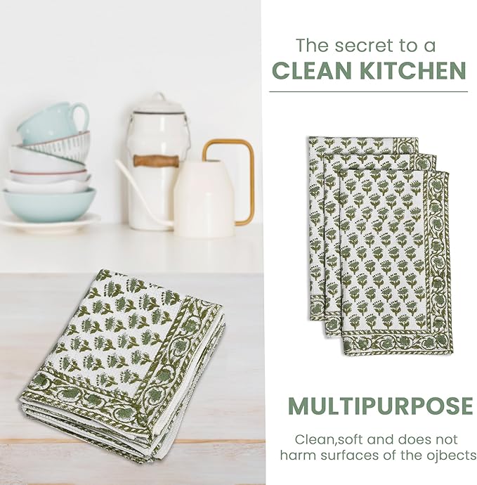 CPC Emerald Green Hand Block Print Waffle Kitchen Towel Set of 3-16 x28 Ultra Absorbent Quick Dry 100% Cotton Dish Towels Lightweight Reusable Sustainable Tea Towels for Cleaning and Drying