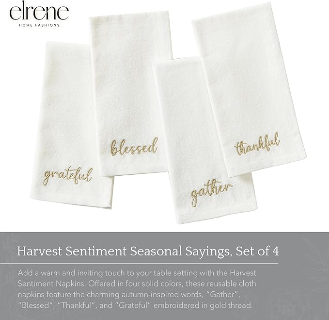 Elrene Home Fashions Harvest Fall Sentiment Embroidered Napkins, Set of 4, 17"x17", Ivory