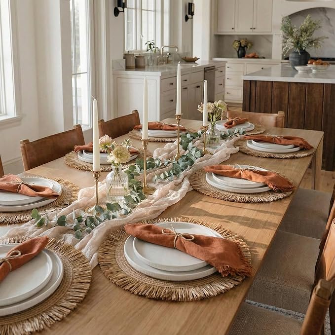 Decorative Boho Table Placemats Set of 6 with Matching Linen-Textured Napkins - Beautiful Natural Decor Elevates Your Dining Room or Kitchen Setting - Easy to Style & Mix with Linen Inspired Material