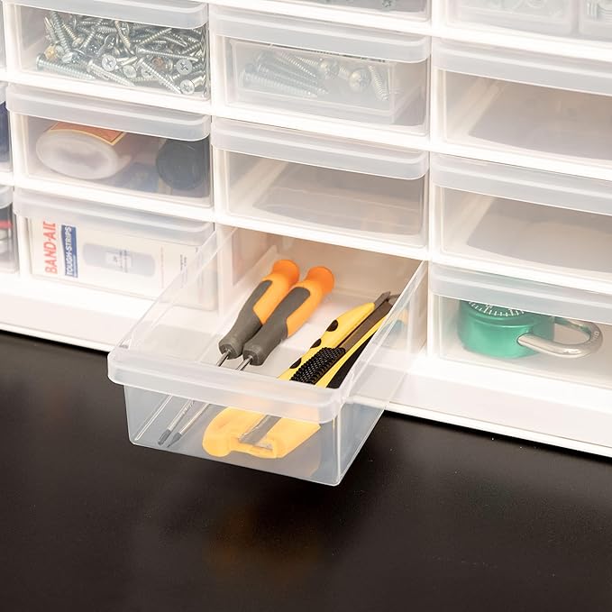 IRIS USA Plastic Storage Drawers, Made in USA, 24-Drawer Small Parts Organizer Cabinet, Stackable Teacher Toolbox for Crafts, Beads, Hardware, Screws, Nuts & Bolts, Scrapbook Supplies – White