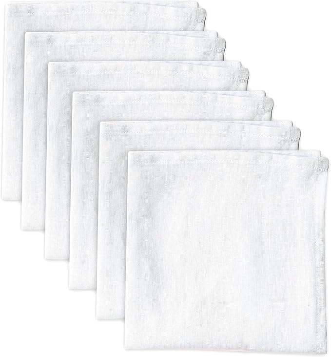 100% Pure Linen Dinner Cloth Napkins 15 x 15 Inch White - Set of 6 Pack European Flax Natural Fabric Washable for Home and Kitchen