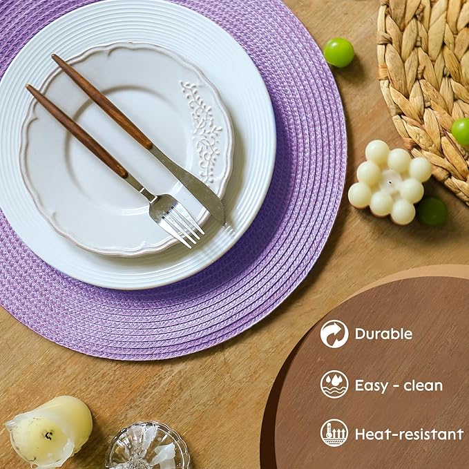 FunWheat Round Braided Placemats Set of 4 Table Mats for Dining Tables Woven Washable Non-Slip Place mats 15 inch(Lilac Purple,4pcs)
