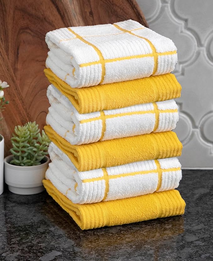 T-Fal Solid & Checked Parquet Kitchen Towels: Highly Absorbent, Super Soft Long Lasting - 100% Cotton, 16"x26" Dish Towels for Cleaning & Drying Dishes, Pans, Glassware, Countertops, 6-Pack, Lemon