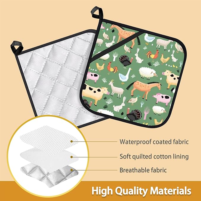Funny Farm Animals Horse Cow Pot Holder Set of 2,Heat Resistant Potholders Oven Hot Pads for Kitchen Cooking Baking BBQ