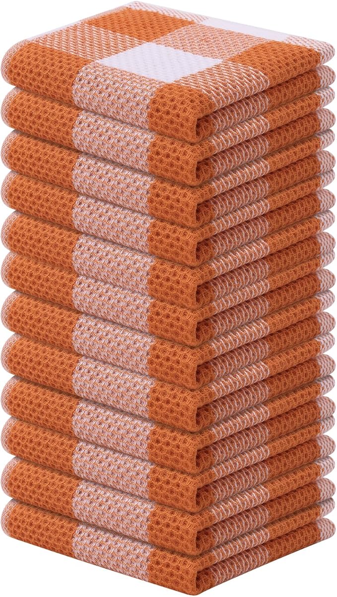 Mordimy 100% Cotton Waffle Weave Plaid Dish Cloths, 12 x 12 Inches, Super Soft and Absorbent Quick Drying Buffalo Check Dish Rags for Kitchen, 12-Pack, Orange & White