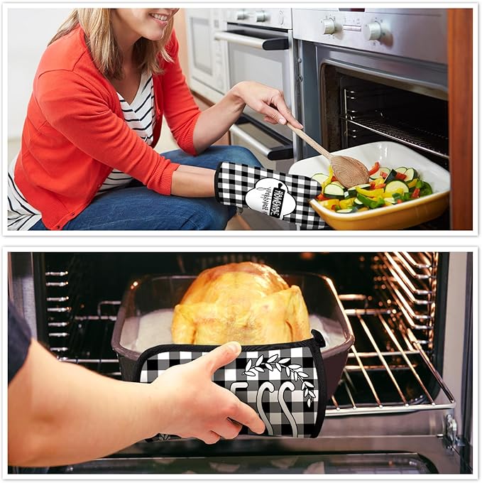5 Pieces Buffalo Plaid Kitchen Towels Oven Mitts and Pot Holder Set Black and White Kitchen Towels Oven Gloves, Hot Pads Pot Holders for Farm House Accessories Decor(Heart)