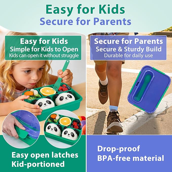 Caperci Bento Box for Kids - 50oz Larger Lunch Box Containers for Kids, Reinforced Leakproof, Built-in Sauce Cup, Utensils, 4 Compartments, BPA-Free Microwave & Dishwasher Safe (Navy/Green)