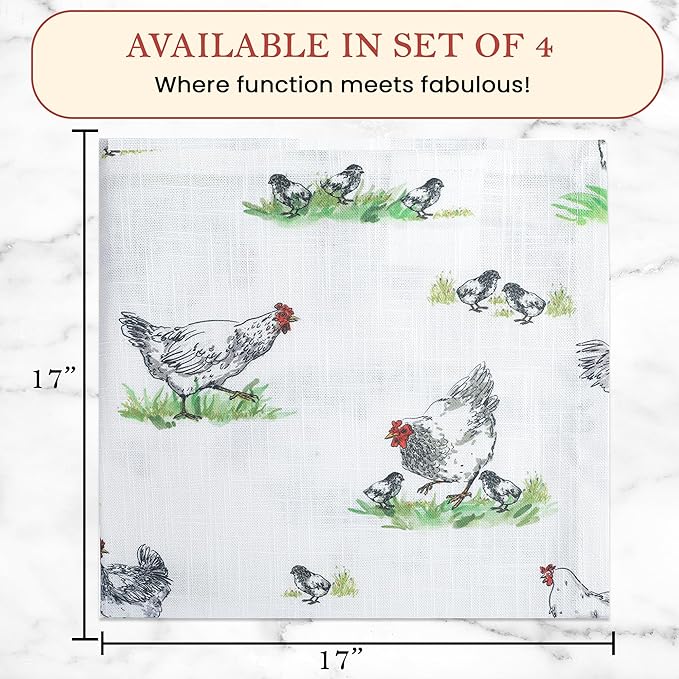 Vintage Vista Cotton Cloth Napkins Set of 4 (17" x 17") - Digital Printed Table Napkins Cloth Washable & Reusable for Everyday Use & Easter - (Green Chicken)