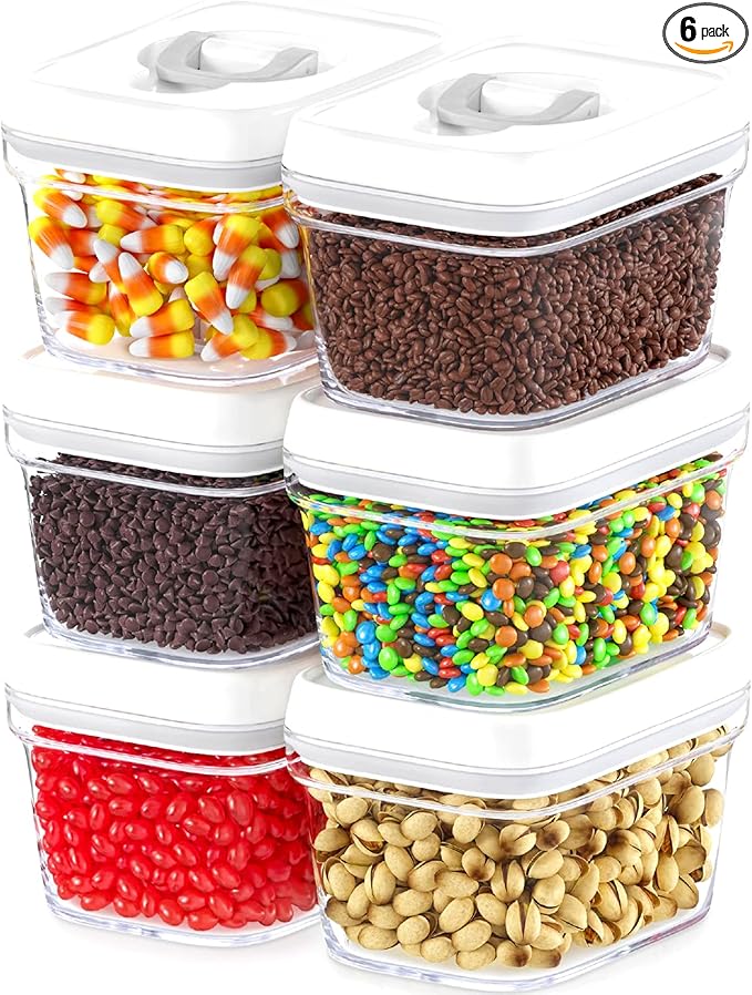 DWËLLZA KITCHEN Airtight Food Storage Containers with White Lids – 0.4L 6 Pc Clear Plastic Kitchen canisters Pantry Organization for Spices, Candy, Nuts, BPA-Free, Keeps Food Fresh & Dry