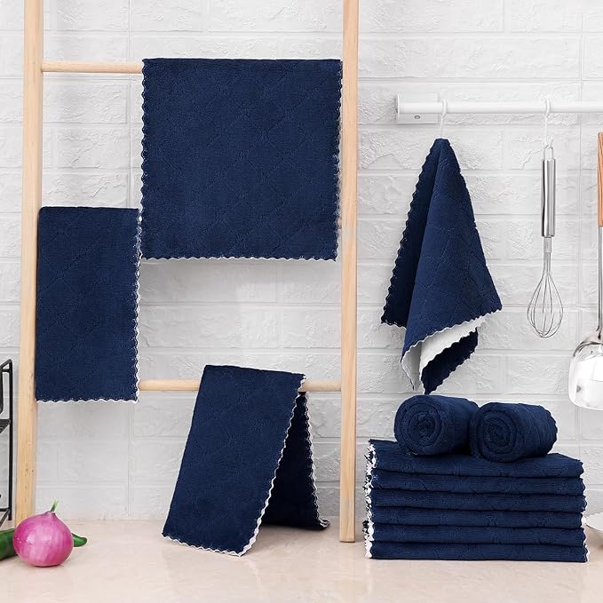 Mordimy 12 Pack Kitchen Towels (20" x 10", Navy Blue & White), Super Soft and Absorbent Dish Towels, Coral Velvet Microfiber Cleaning Cloth, Nonstick Oil Fast Dry Dish Cloths