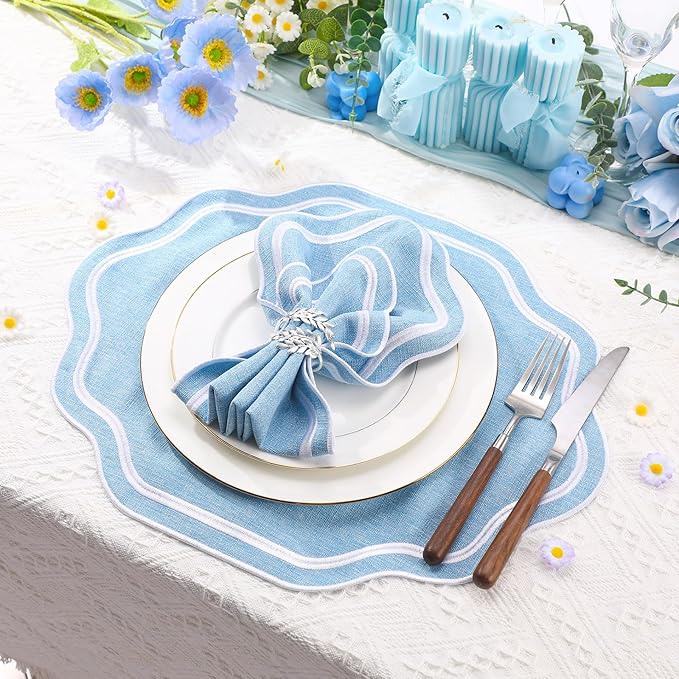 Breling 6 Pcs Wedding Placemats Scalloped Embroidered Cotton Linen Placemats 17" x 13" Double Layered Machine Washable Table Place Mat for Party Table Decor (Light Blue)