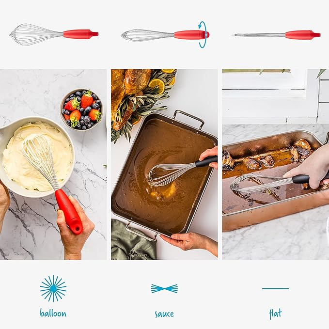 Dreamfarm Flisk 3-in-1 Fold-Flat, Space-Saving Baking, Cooking, Sauce & Deglazing Stainless Steel Balloon Whisk - 12" Red"