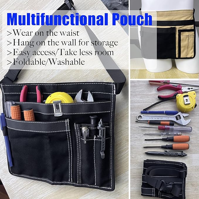 5-Pocket Utility Tool Belt Pouch for Men and Women, Adjustable Canvas Waist Belt Bag for Electrician Maintenance Gardening Carpentry, Durable Multi Work Apron for Tools & Accessories (Gray+Yellow)