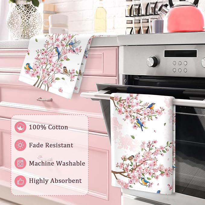 Pink Flower Blossom Tea Towels 100% Cotton Quick Dry Kitchen Towels, 18.9 x 27.5'' Absorbent Dish Cloth for Kitchen Home Decor, Housewarming, Birthday Gifts for Mom, Set of 4