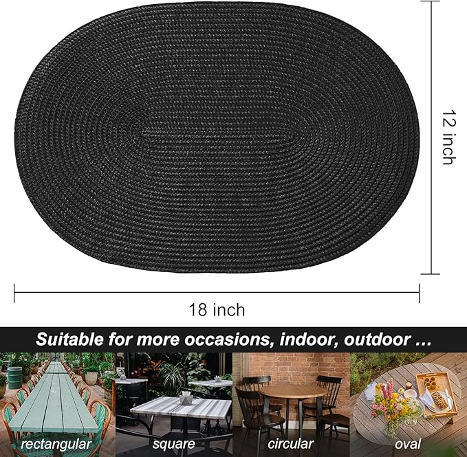 AHHFSMEI Placemats Set of 4 for Dining Table Washable Woven Non-Slip 18x12 inches Placemat Heat-Resistant Durable Table Mats for Dining Table Easy to Clean (Oval Black, 4)