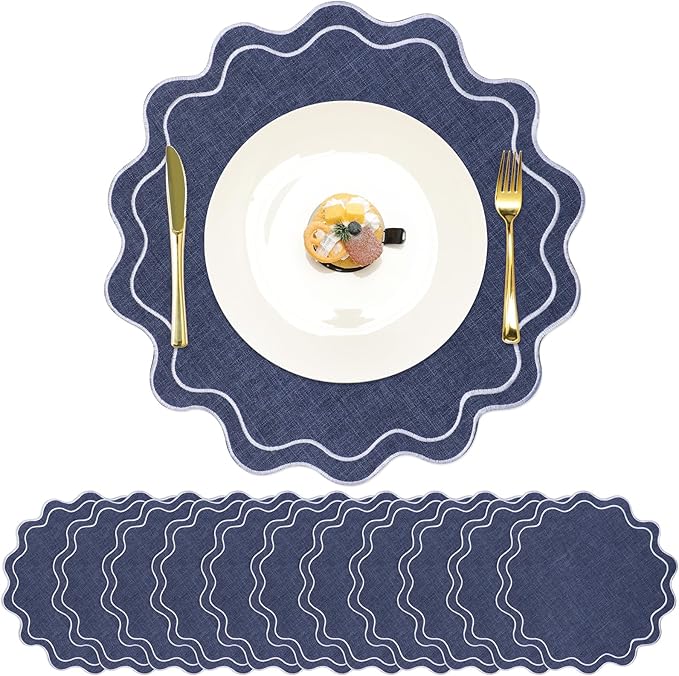 Set of 12 Cotton Linen Placemats, 15x15 Scalloped Flower Embroidery Cloth Table Mats Double Layered Fabric Washable Wrinkle Free Dining Placemat for Restaurant Kitchen Decor(Navy Blue)