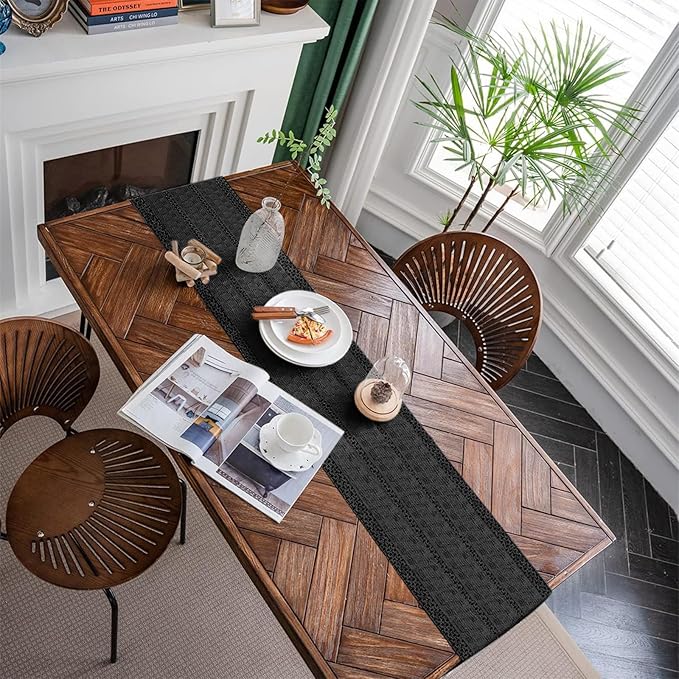Alynsehom Macrame Table Runner Pure Black Boho Table Runners with Tassels Hand Woven Cotton Table Runner Rustic Farmhouse Table Runners for Bohemian Kitchen Dining Table(12x48in)