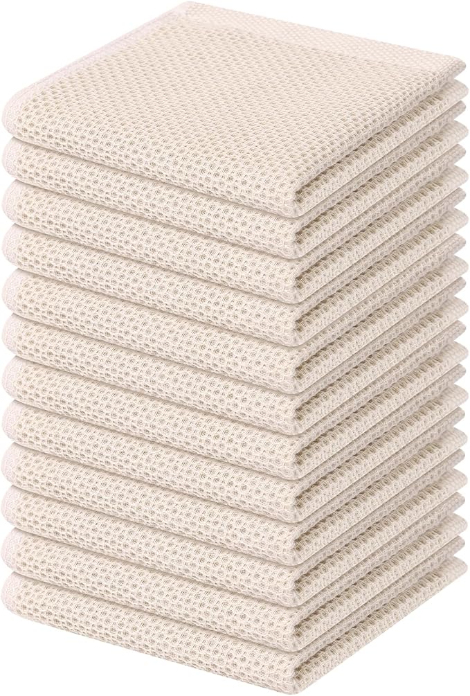 Kitinjoy 100% Cotton Kitchen Dish Cloths (12 X 12 Inches, Beige), 12 Pack Waffle Weave Ultra Soft Absorbent Dish Towels for Drying Dishes Quick Drying Kitchen Towels Dish Rags