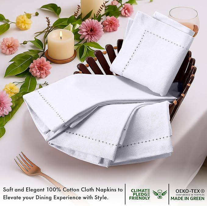 Ruvanti Cloth Napkins Set of 12, 100% Cotton High GSM 18x18 Inches, Hem Stitched Corners, Soft, Washable, Highly Durable & Absorbent, Perfect for Parties, Christmas, Thanksgiving Dinners – White