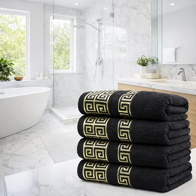 Luxury 4 Piece Bath Towel Set with Greek Key Design - 100% Cotton Soft & Absorbent Bathroom 27x54 in Extra Large Towels - Quick Dry, Plush & Durable - Black Towels Set for Home, Spa & Hotel Use AA1