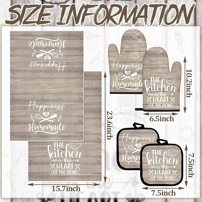 Sratte 6 Pcs Kitchen Decor Accessories Set Farmhouse Towels Pot Holders Oven Mitts Set 2 Dish Towels 2 Potholders 2 Cooking Mittens Oven Glove for Christmas Baking Cooking(Brown Wood Grain)