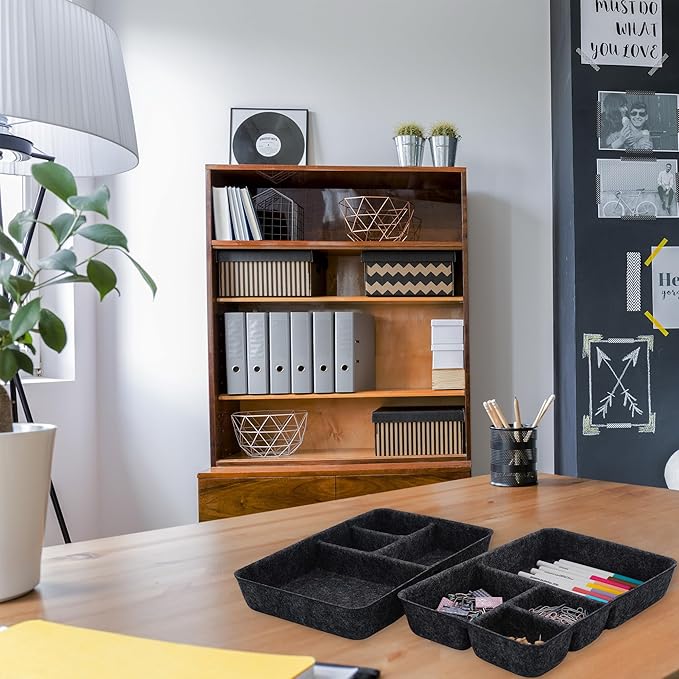 Welaxy 2-piece Junk Drawer Organizer bin 4 Compartments Office home dorm 2 dividers Felt Trays Drawers Multi-Purpose Storage (Charcoal x 2)