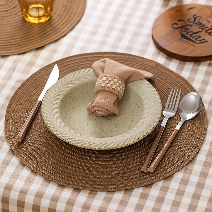 Round Placemats Set of 6 Woven Placemats Washable Braided Table Mats for Dining Table Heat Resistant Non-Slip Circle Place Mats(Brown)