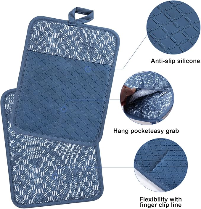 Oven Mitts and Pot Holders with Cooking Apron Set of 5, Heat Resistant Kitchen Gloves and Silicone Non-Slip Potholders (Dusty Blue)