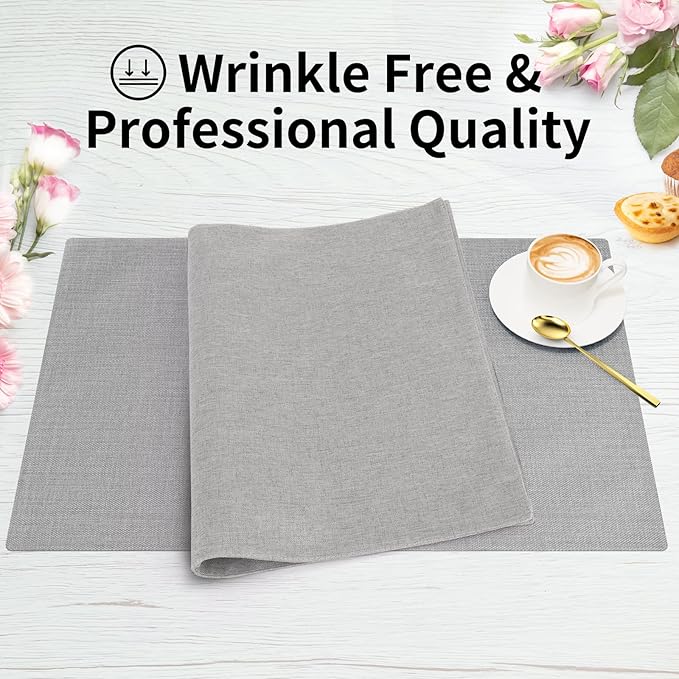 Cloth Placemats, Set of 6 Heat-Resistant Cotton Linen Blend Double Layered Machine Washable Place Mats, Wrinkle Free Thick Fabric Dining Table Mats for Indoors & Outdoors (Light Grey, 6)