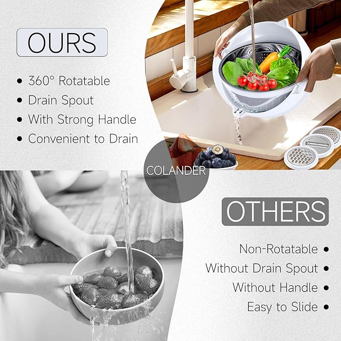 4-1 Strainer with Bowl Set - Rotatable Colander for Kitchen(Patented) - Strainers and Colanders - Pasta Strainer with New Upgraded Graters for Fruit Veggie Fun Kitchen Presents - White