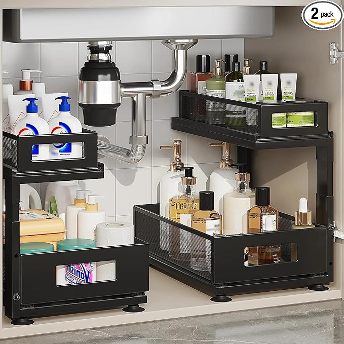 2 Pack Under Sink Organizer with Next-Gen Ball-Bearing Slides,2-Tier Pull Out Cabinet Storage,Height Adjustable Drawer Shelf for Bathroom,Kitchen,Laundry,Cabinet,Pantry(Patent Pending)