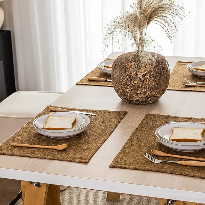 Kevin Textile Burlap Linen Placemats Set of 6 Heat Resistant Dining Table Place Mats Washable Kitchen Table Mats for Dinning Party Holiday Indoor Outdoor, 13 x19 inches, Hazel Brown