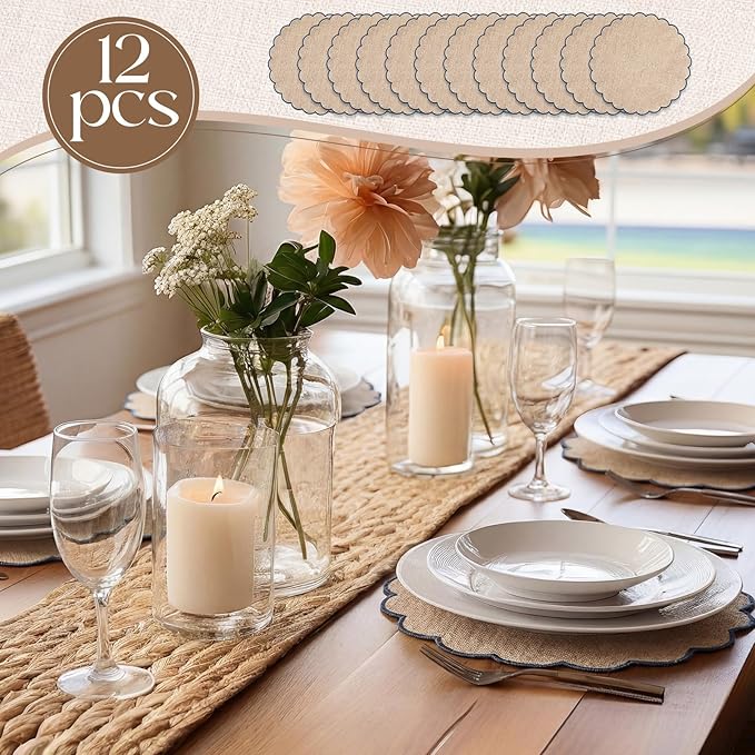 Set of 12 Blue Beige Cotton Placemats 15 Inch Round Scalloped Embroidery Placemats Washable Double Layered Rustic Table Mat Fabric Napkins for Wedding Table Decor