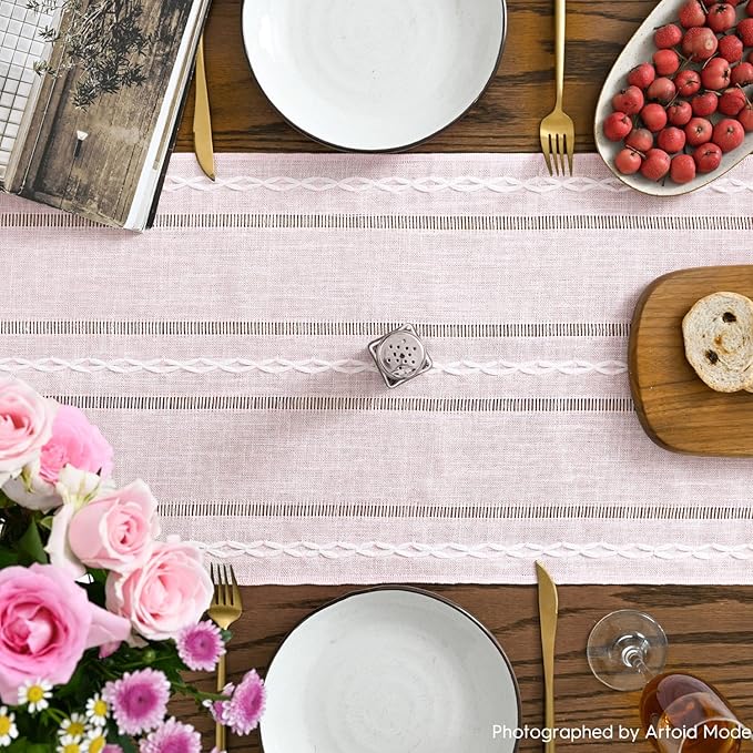 Artoid Mode Pink Rustic Cotton Linen Table Runner, Seasonal Embroidered Hollow Kitchen Dining Table Decoration for Home Party Decor 13x90 Inch