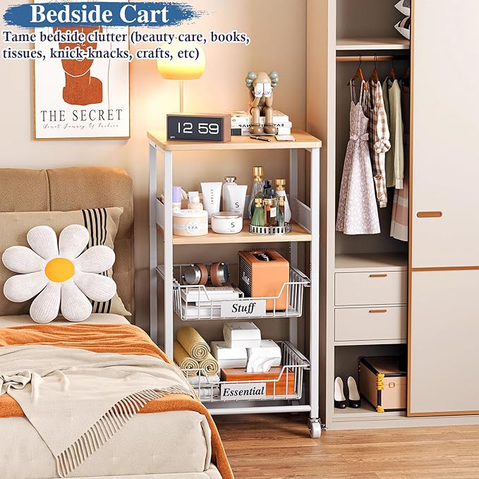 OKZEST 4 Tier Rolling Cart with Drawer Baskets, Metal Utility Storage Cart with Wheels and Wood Top for Living Room, Kitchen, Home Office, Bedroom, Pantry, Baby Essential, Craft, Snack, Makeup, White