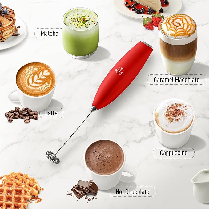 Zulay Powerful Milk Frother for Coffee with Upgraded Titanium Motor - Handheld Frother Electric Whisk, Milk Foamer, Mini Mixer and Coffee Blender Frother for Frappe, Latte, Matcha, No Stand - Red