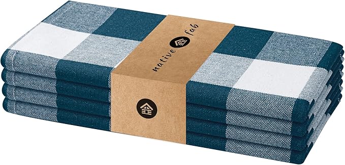 Native Fab Buffalo Check Cloth Napkins, Set of 4, 16"x16", Plaid Checked Pattern, 100% Cotton, Soft, Absorbent, Reusable Table Napkins for Dinner, Wedding, Lunch, Cocktail, Everyday Use - Teal Green