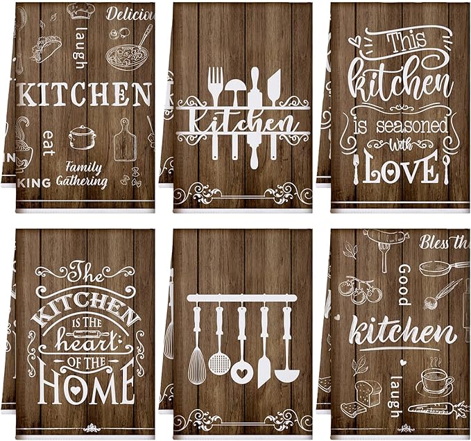 Bencailor 6 Pcs Brown Kitchen Towels Decorative Sets Dish Towels Absorbent Fast Drying Hand Tea Vintage Hanging Reusable Cleaning Dishcloths for Cooking Farmhouse Bathroom Accessory
