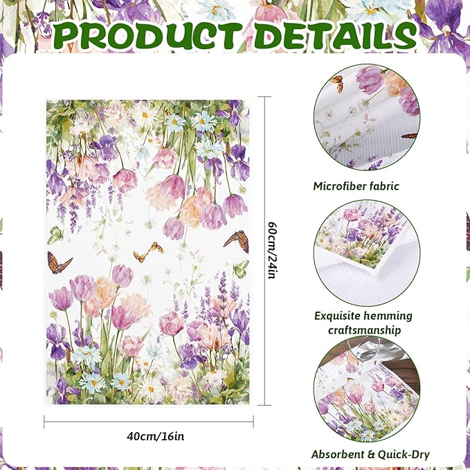 2Pcs Purple Tulip Floral Kitchen Towels-16×24in Spring Floral Microfiber Dish Towels, Holiday Decor Flower Hand Towels for Kitchen Bathroom Home Easter Mother‘s Day Gifts
