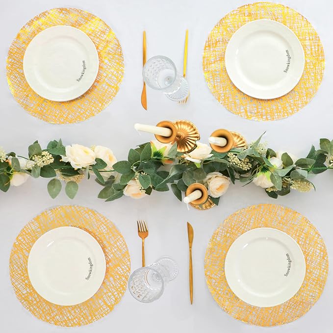 Snowkingdom Gold Placemats Set of 50, Gold Metallic Mesh Glitter Foil Place Mats 13 Inch Round Disposable Doilies for Dinning Table Fall Wedding Birthday Party Thanksgiving Christmas Decorations