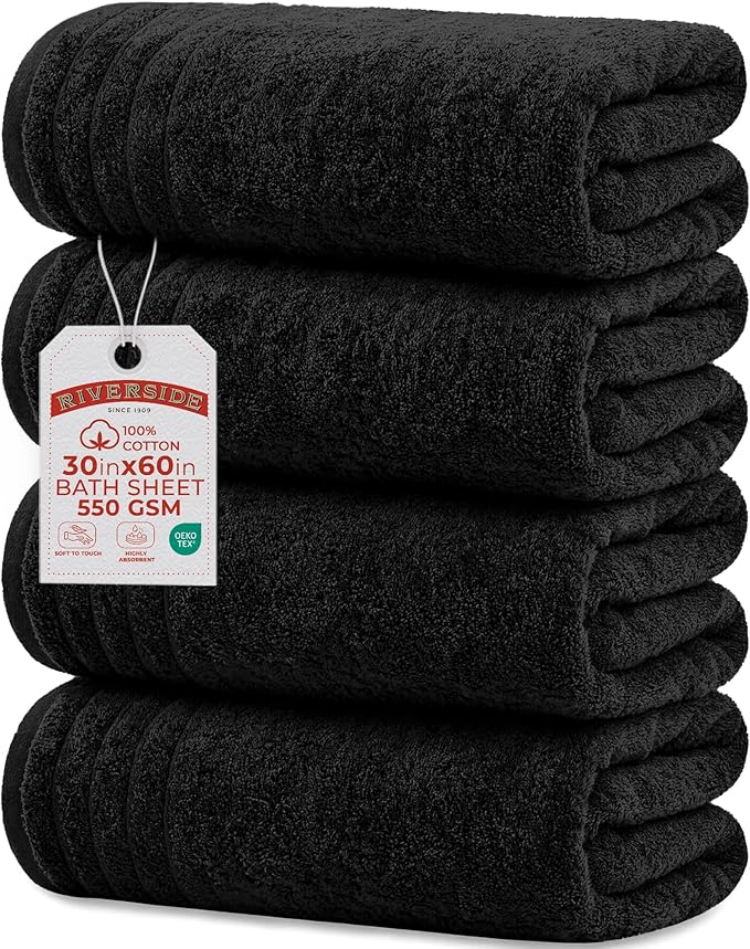 RIVERSIDE Pack of 4 Premium Extra Large Bath Towels 30 x 60 Inches, 100% Cotton, Super Soft & Highly Absorbent, Larger & Lighter Weight, Quicker to Dry, Perfect for Bathroom, Black