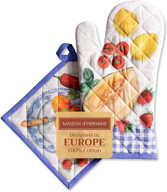 Maison d' Hermine 100% Cotton Oven Mitt & Pot Holder Set (7.5"x13" & 8"x8") Heat Resistant BBQ Cooking Gloves with Loop Baking Grilling Kitchen Gifts for Mothers Day Spring/Summer (Gourmand)
