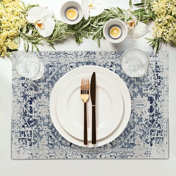 aportt Navy Blue Grey Ethnic Boho Placemats Set of 4 Bohemian Carpet Vintage Gray Linen Washable Kitchen Dining Table Mats Stain Heat-Resistant Desktop Decor Place Mats for Home Party Indoor 12x18 in