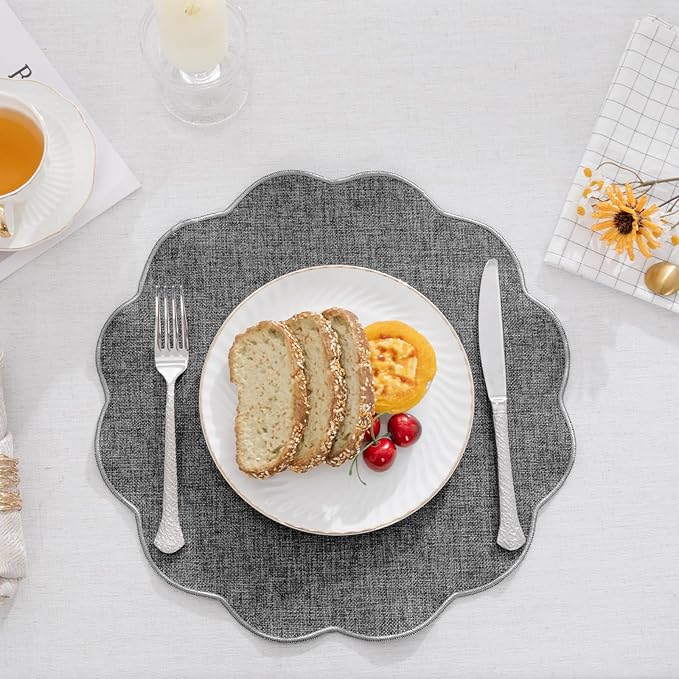 SHACOS Scalloped Round Placemats Set of 6 Polyester Linen Blend 15 inch Washable Non Slip Place Mats Easy Clean Heat Resistant Table Mats for Kitchen Dining Table Decor, Grey