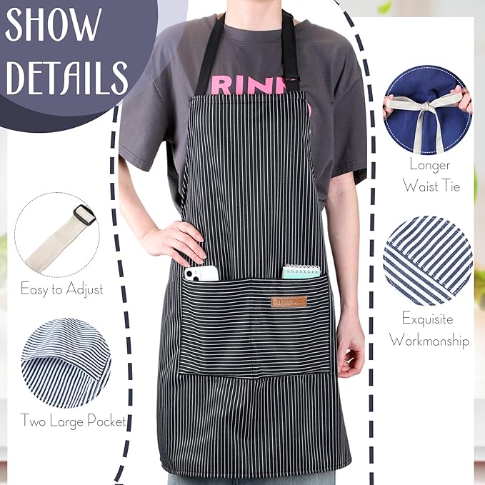 Handepo 12 Pcs Cotton Aprons for Women Men with Pockets Soft Adjustable Bib Stripe Aprons for Cooking Kitchen Chef