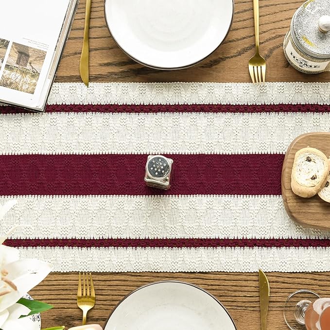 Artoid Mode Red Farmhouse Woven Rustic Table Runner, Seasonal Holiday Hollow Kitchen Dining Table Decoration for Home Party Decor 12x36 Inch