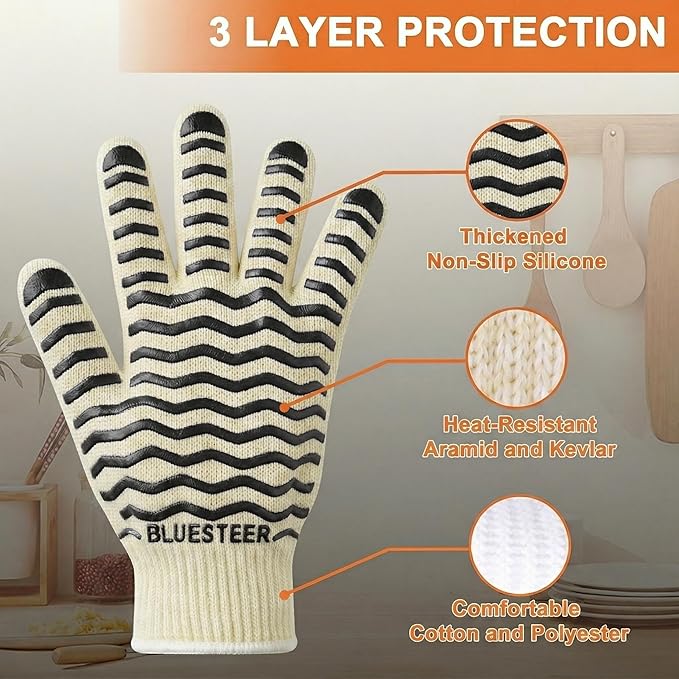 Oven Gloves 932°F Heat Resistant Oven Mitts with Fingers, Heat Proof BBQ Grill Gloves Silicone Grip Fireproof Gloves for Kitchen Cooking Grilling Baking